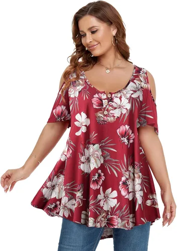 Miniatura 4 de LARACE Camisetas con hombros descubiertos para mujer talla grande cuello en V manga corta ropa de verano túnica con botones