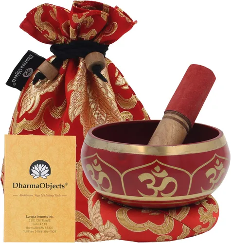 Miniatura 10 de DharmaObjects Mediano ~ Juego de cuencos cantantes hindú OM ~ con mazo, cojín de brocado y bolsa de transporte ~ para meditación, curación