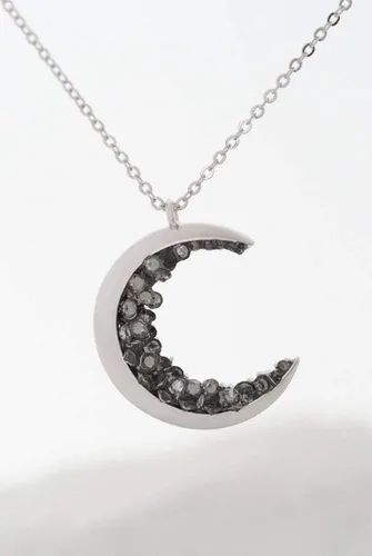 Miniatura 2 de Collar largo bañado en plata con cristales negros y luna creciente incrustada, Latón Piedra