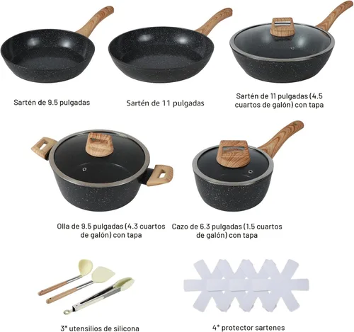 Miniatura 3 de Juego de utensilios de cocina de cerámica 15PCS ollas y sartenes antiadherentes (negro15)