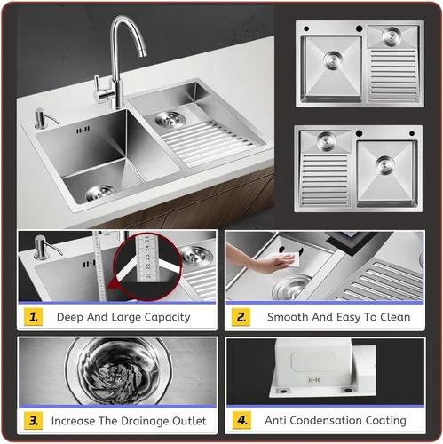 Miniatura 5 de Fregadero de lavandería de acero inoxidable con tabla de lavado integrada, bañera para lavar a mano con panel grueso, fregadero de lavandería