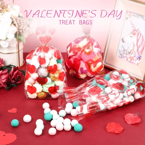 Miniatura 4 de Zonon Bolsas de celofán de San Valentín, dulces de corazón, bolsas transparentes de regalo para fiestas, con 700 lazos giratorios para el día de San