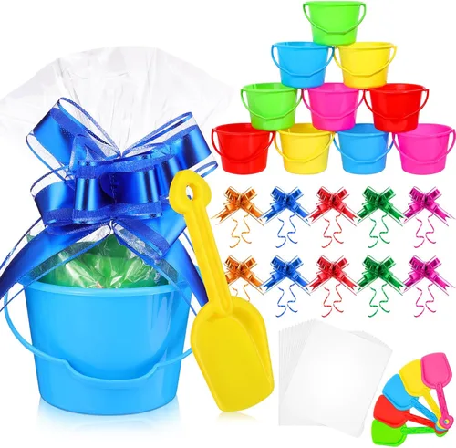 Sratte Juego de 20 cubos de arena y palas para niños, cubos de arena de viaje, juguetes de playa de plástico, con bolsas transparentes para