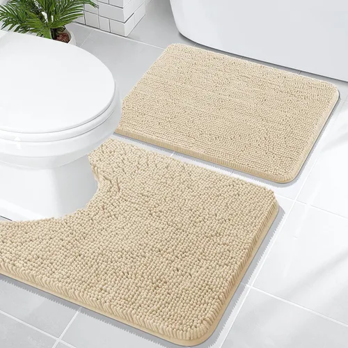 Miniatura 250 de OLANLY Juego de alfombras de baño de 2 piezas, alfombras de baño de chenilla suave y absorbente y alfombra de contorno en forma de U para inodoro