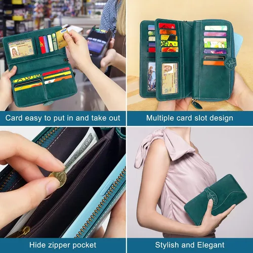 Miniatura 3 de CONISY Cartera RFID para mujer, de gran capacidad, cartera larga de cuero para tarjetas de crédito con correa de muñeca
