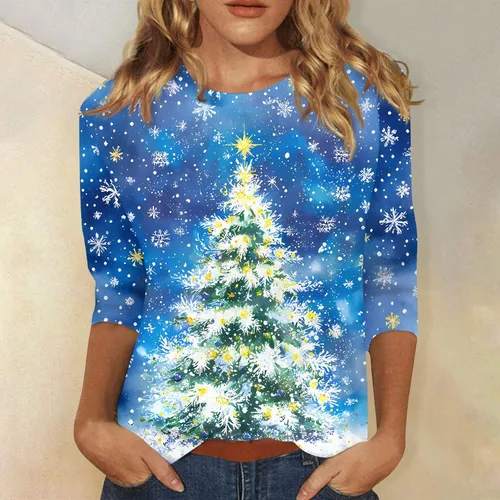 Miniatura 39 de Camisetas de manga 3/4 para mujer, cuello redondo, holgadas, casuales, con estampado floral, camisetas de moda para el trabajo de negocios