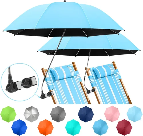 Paquete de 2 paraguas de playa con abrazadera, paraguas ajustable de 360° para silla, paraguas UPF50+ para silla de playa, silla de patio, silla de