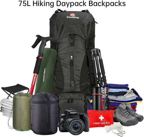 Miniatura 6 de Mochila de senderismo para hombres y mujeres, 70L+5L, impermeable, ligera, mochila de camping con cubierta de lluvia, sin marco (negro, b)