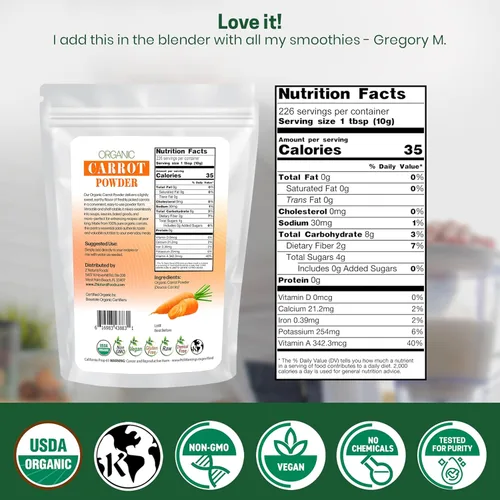Miniatura 2 de Z Natural Foods Polvo de zanahoria orgánico, polvo de superalimento natural para la visión y la salud del corazón, ideal en jugos, batidos