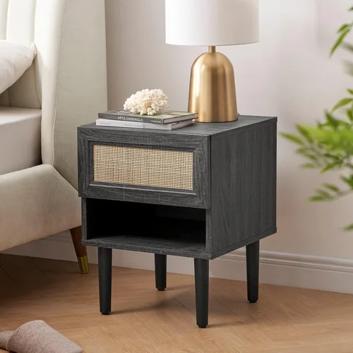 Miniatura 10 de Mopio - Mesita de noche Haylee de ratán, mesa auxiliar perfecta para sala de estar y dormitorio que complementa tu cama o sofá (carbón)