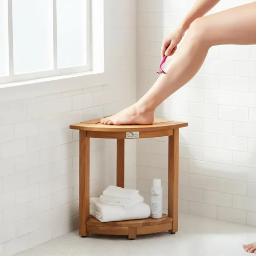 Miniatura 4 de VICTORY RELAX Estante esquinero de madera de acacia para ducha interior, banco de ducha impermeable y reposapiés para afeitarse las piernas, asiento