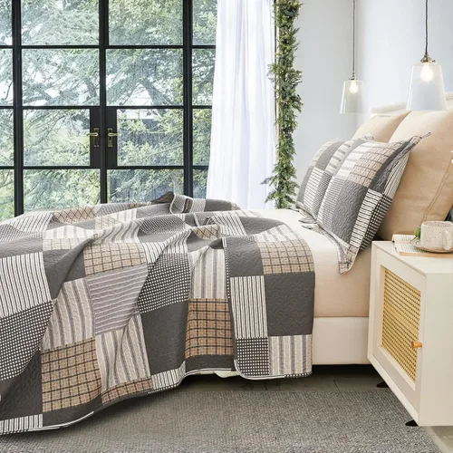 Miniatura 7 de Juego de ropa de cama a cuadros marrón y negro, 3 piezas, tamaño queen, colcha con estampado de parches a cuadros, cubrecama reversible, decoración