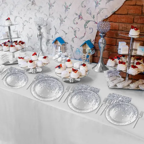 Miniatura 6 de Juego vajilla 96 piezas con brillantina plateada, decoración mesa feliz cumpleaños, diamantes con brillantina, platos de postre, servilletas