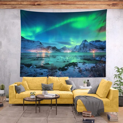 Miniatura 5 de BELECO Northern Lights - Tapiz de pared Aurora Borealis, 60 x 40 pulgadas, vista al lago y montañas de nieve, noche estrellada, tapiz de invierno