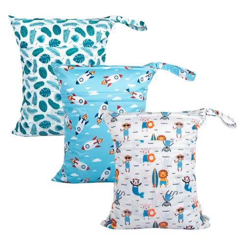 Miniatura 12 de babygoal Bolsas para artículos húmedos y secos, paquete de 3, bolsas de viaje reutilizables impermeables para trajes de baño, pañales de tela