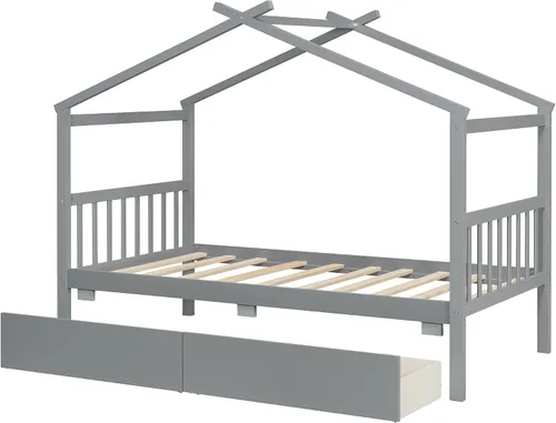 Miniatura 9 de Bellemave Cama Casa Tamaño Twin con 2 Cajones de Almacenamiento Cama Casa Montessori de Madera para Niños Marco de Cama de Madera Casa de Juegos Gris
