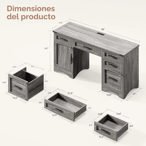 Miniatura 2 de Decofy Escritorio ejecutivo de granja con cajones, escritorios de oficina en casa de 55 pulgadas con estación de carga rápida, archivador