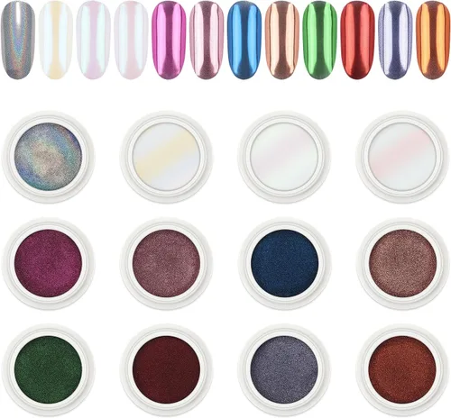 AIMEILI Polvo de uñas de cromo perlado, vegano, libre de crueldad, 12 colores Aurora Metálico Holográfico efecto espejo pigmento para arte de uñas,