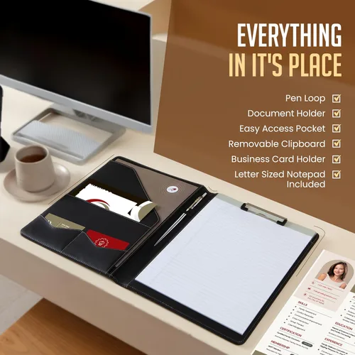 Miniatura 6 de STYLIO Carpeta Padfolio con Portapapeles Extraíble Organizador de Portafolio Carpeta con Almacenamiento para Cuaderno, Bloc de Notas
