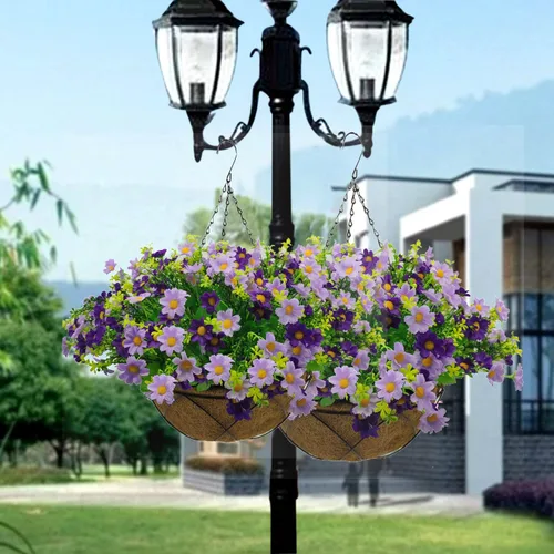 Miniatura 3 de Flores colgantes artificiales con cesta, flores de margaritas falsas en cestas colgantes forradas de coco de 12 pulgadas para la decoración