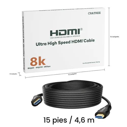 Miniatura 9 de Cratree Cable HDMI de 15 pies de largo – Cable HDMI de ultra alta velocidad certificado 8K, cable HDMI trenzado de 48 Gbps, 8K 60 Hz, 4K 120 Hz