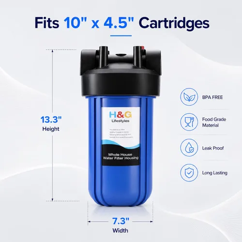 Miniatura 5 de H&G Lifestyles - Carcasa para filtro de sedimentos para toda la casa, carcasa azul, 10 x 4.5 recipientes de filtro de agua, puerto de latón NPT de 1
