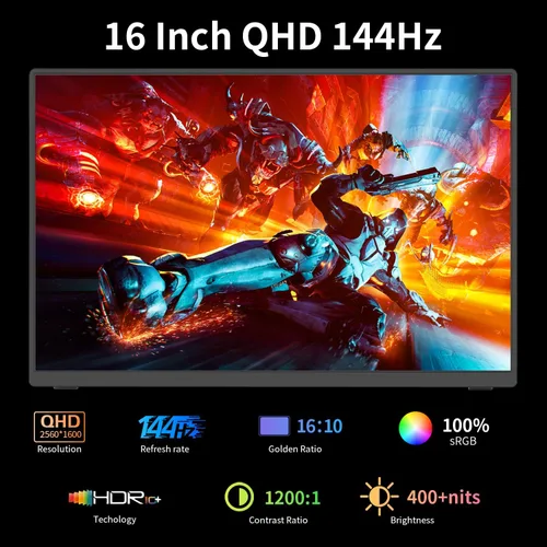 Miniatura 2 de Monitor portátil para juegos 2.5K 120Hz, 16" 2560x1600 QHD 16:10 400 Nits HDR FreeSync Monitor portátil con funda para altavoz, pantalla externa
