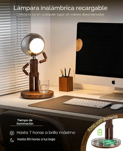 Miniatura 3 de Lámpara de mesa inalámbrica, lámpara de mesa de madera recargable con control táctil y brillo ajustable, lámpara de noche decorativa inalámbrica