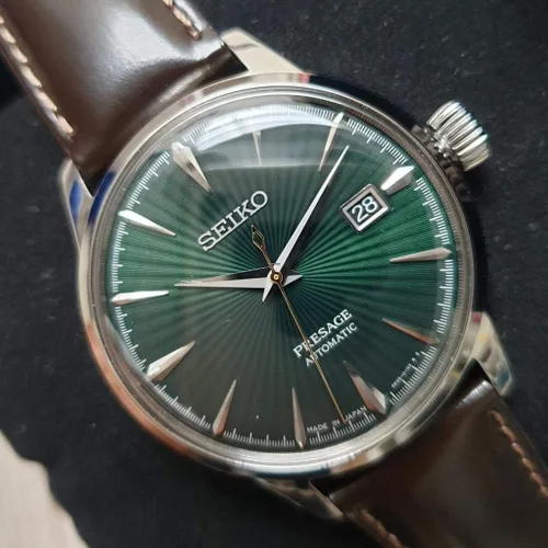 Miniatura 9 de SEIKO Mens PRESAGE 'Mockingbird' Cocktail Dial verde con reloj de cuero marrón SRPD37J1, Blanco, Moderno