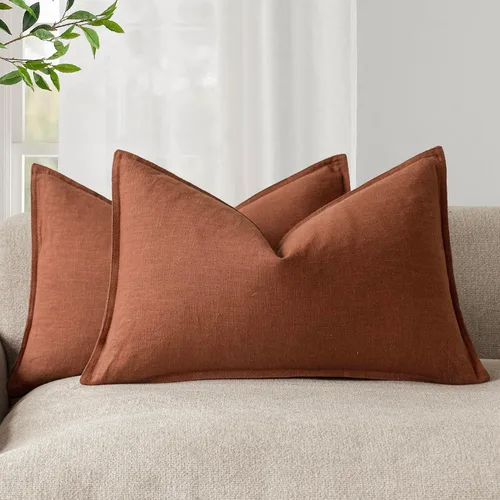 Miniatura 85 de Foindtower Paquete de 2 fundas de almohada decorativas de lino y liso, funda de cojín decorativa suave, estilo bohemio campestre para silla, sofá