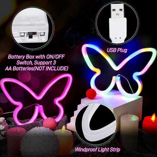 Miniatura 3 de Riakrum 2 Piezas de Letreros de Neón de Mariposa, Luz LED Alimentada por Batería 3AA Operada por USB, Decoración de Luz de Neón de Pared, Arte