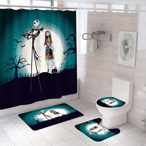 Miniatura 25 de Juego de 4 cortinas de ducha de Navidad para niños, decoración de Halloween con 12 ganchos de cortina para baño, impermeable, 71 x 71 pulgadas (D13)
