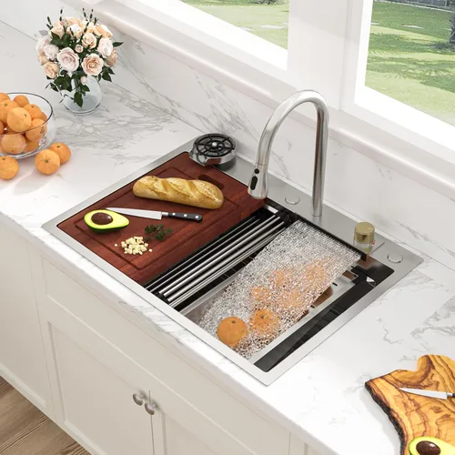 Miniatura 21 de Sarlai 15 Fregadero de Barra de 15x15 Pulgadas para Cocina, Fregadero de Barra de Acero Inoxidable de Calibre 16, Estación de Trabajo con Repisa
