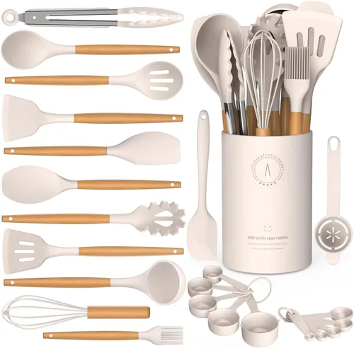 Miniatura 8 de Juego de Utensilios de Cocina de Silicona - AVGPD Utensilios de Cocina de Silicona para Cocinar con Mangos de Madera, Resistente al Calor 446°F
