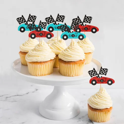 Miniatura 4 de 24 piezas de adornos para cupcakes de coche de carreras, trofeo brillante, bandera de carreras, decoraciones de pastel con temática de carreras