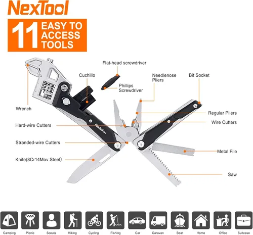 Miniatura 7 de NEXTOOL W4 - Llave de trinquete ajustable multiherramienta de 11 en 1, herramienta plegable EDC con alicates, cuchillo, sierra y destornillador