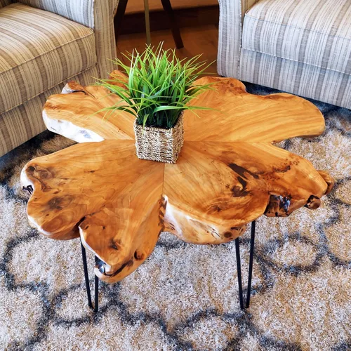 Miniatura 11 de WELLAND Mesa de centro de madera de cedro con borde vivo, patas de horquilla de metal, 32.5 pulgadas de ancho x 17 pulgadas de profundidad x 16