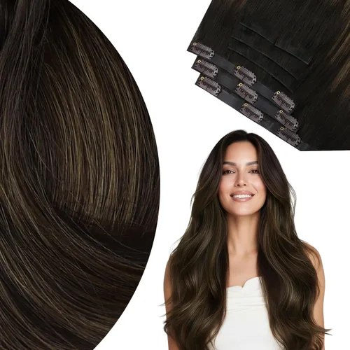 Miniatura 44 de Ve Sunny Extensiones de cabello clip-in de cabello humano real con reflejos, extensiones de cabello con clip para cabello corto, marrón oscuro