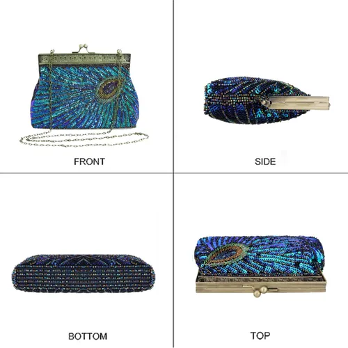 Miniatura 4 de Bolso de noche grande con cuentas y lentejuelas, estilo vintage, bolso de mano para fiesta de boda, bolso de mano para mujer (azul pavo real), Azul