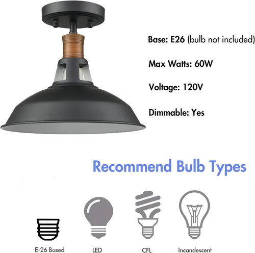 Miniatura 7 de CLAXY - Lámpara de techo industrial semiempotrada con pantalla de granero en blanco y negro Dimmable E26 Barn Ceiling Light Semi-flush Mount for