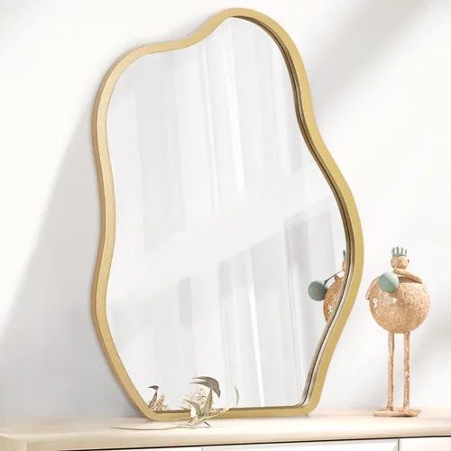 Miniatura 10 de Espejo de pared asimétrico con marco de madera, espejo colgante moderno irregular para pared para tocador, sala de estar, dormitorio, baño, entrada