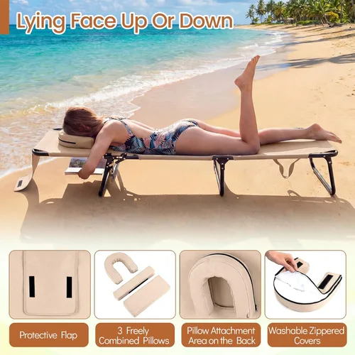 Miniatura 6 de Giantex Silla bronceadora, silla de patio ajustable con orificio para la cara, almohadas extraíbles, correa de transporte, silla de diseño, silla