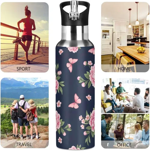 Miniatura 5 de Pink Peonies Botella de agua aislada de 20 onzas, botella de agua deportiva sin BPA con popote a prueba de fugas