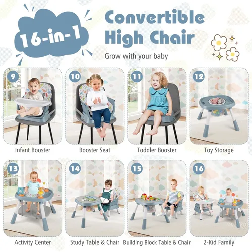 Miniatura 4 de HONEY JOY Silla alta 16 en 1 para bebé, silla alta convertible para bebés y niños pequeños/asiento elevador/centro de actividades con juguetes, mesa