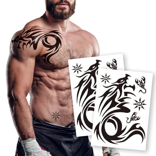 Miniatura 8 de 2 hojas grandes de tatuajes temporales para hombres y mujeres, impermeables, tatuajes falsos de arte corporal con diseño de tótem para el pecho