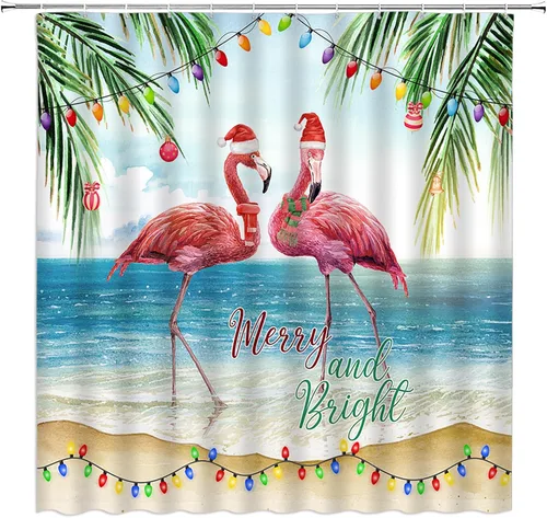 Miniatura 2 de Cortina de ducha de flamenco de Navidad, pájaro tropical, pino, sombrero de Papá Noel, Año Nuevo, decoración de baño, juego de decoración de baño