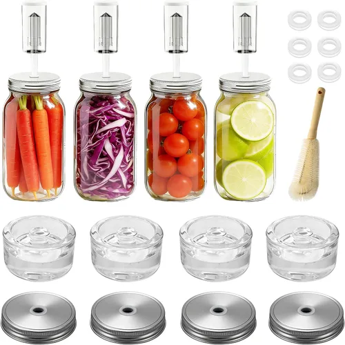 Klemon Fermentation Kit for Wide Mouth Mason fermentation Jar,Pickle sauerkraut Kit,4 Fermentation Lids,4 Glass Fermentation Weights,1Wooden Brush