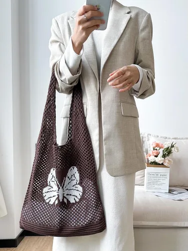 Miniatura 7 de ENBEI Bolsas bohemias, bolsa de punto de hombro, bolsa de mano Y2K estética, bolso de ganchillo lindo para mujeres, regalos hippie Café con una