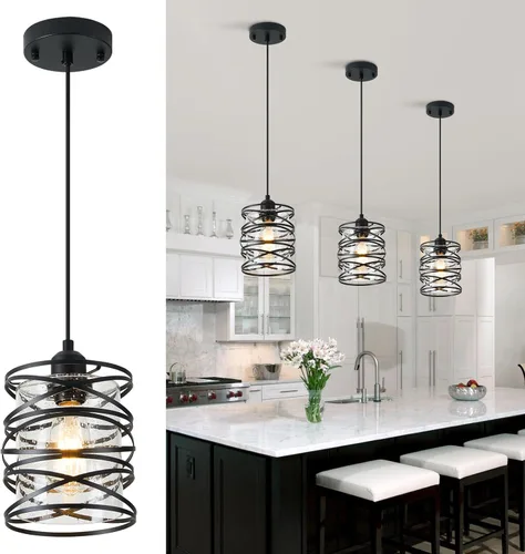 Paquete de 1 lámpara colgante de 6.3 pulgadas en espiral negra para isla de cocina, luz moderna de metal soplado a mano, vidrio sembrado, luz Negro
