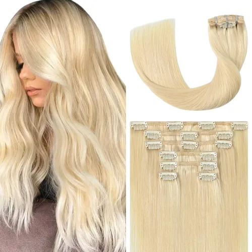 Miniatura 16 de UGOTRAYS Extensiones de cabello humano real de color rubio fresa a rubio decolorado, 12 pulgadas, lacio, doble trama, cabello Remy con clip, 2.47